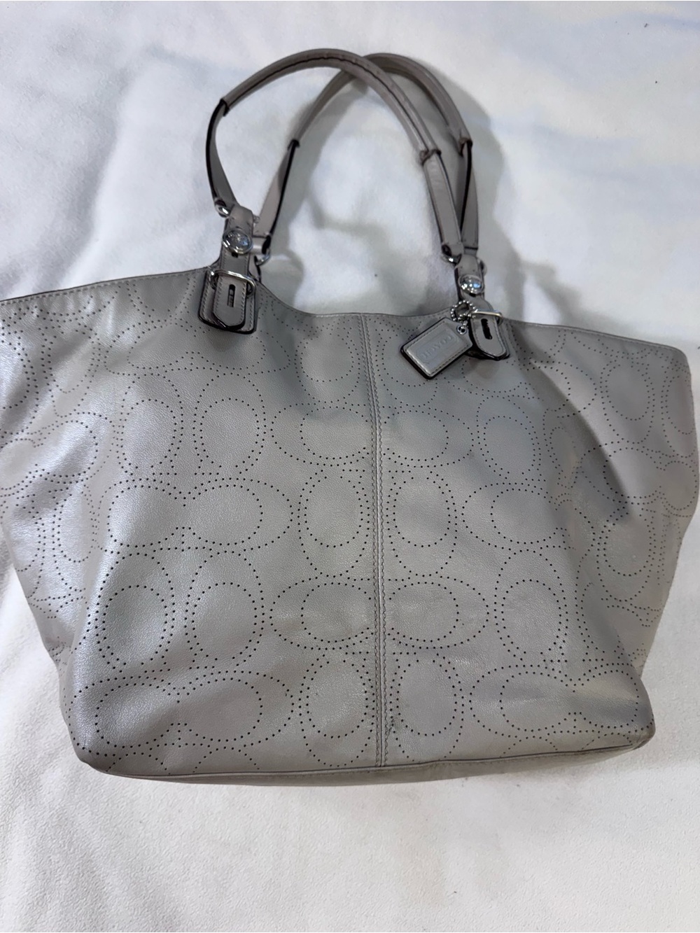 Coach Carly F16598 Pearlized Gray Perforated Signature Leather Tote Carryall Bag - Picture 16 of 16